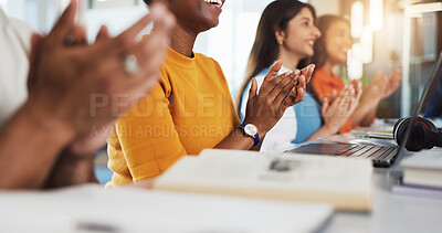 Buy stock photo Creative people, hands and meeting with applause in office for congratulations or thank you. Group, employees and clapping in conference for team presentation, workshop or well done in workplace