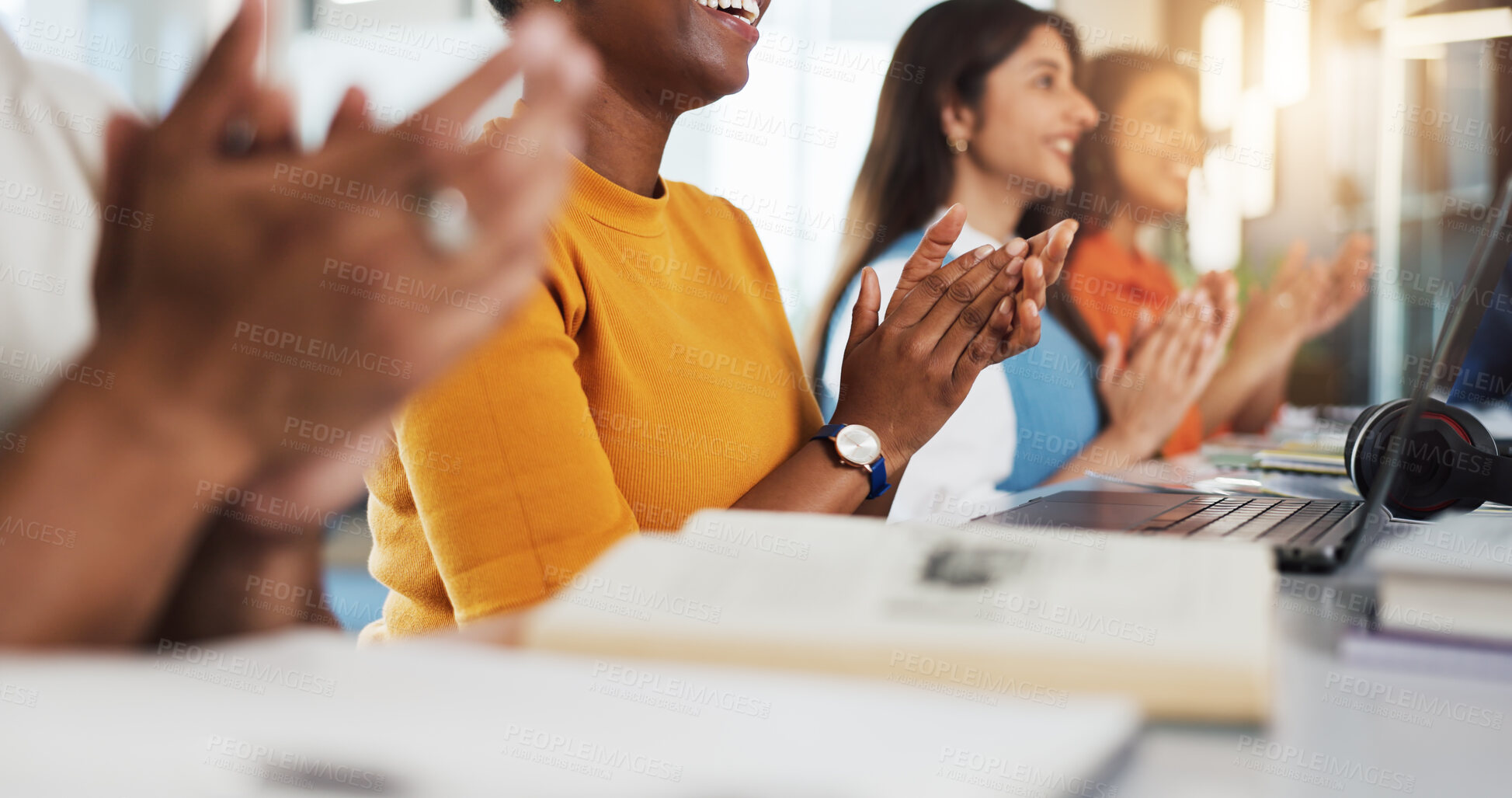 Buy stock photo Creative people, hands and meeting with applause in office for congratulations or thank you. Group, employees and clapping in conference for team presentation, workshop or well done in workplace