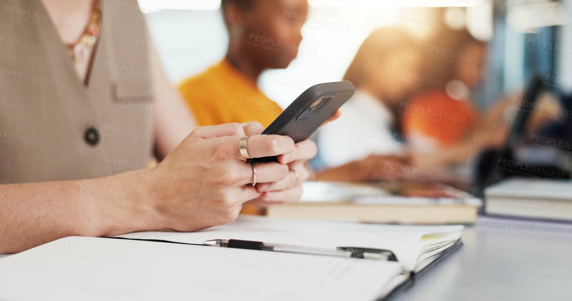 Buy stock photo Person, message and hands with smartphone, office and communication with contact for project update. Texting, online and typing with mobile app for chat, web designer and consultation on social media