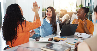 Buy stock photo Business, team and happy with high five in meeting for campaign success, ad performance or goals. Tech, marketing manager and excited women with celebration at agency for KPI graphs or pitch approval