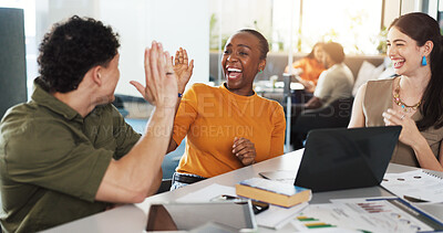 Buy stock photo Excited, creative team or laptop with high five in meeting for KPI stats, brand performance or goals. Digital marketing, graphs and people with celebration at agency for campaign approval and results