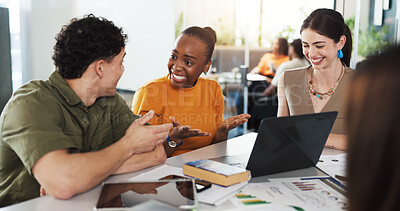 Buy stock photo Happy people, creative team or laptop with documents for project performance or analytics in office. Group, employees or discussion with computer for proposal, data review or analysis in workplace