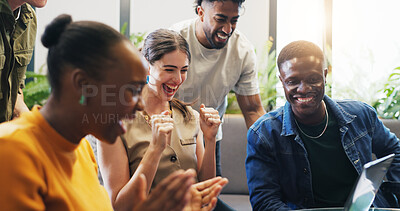 Buy stock photo Business people, laptop and fist pump with celebration, teamwork and success for project funding approval. Staff, group and employees with tech, opportunity and promotion email with clapping hands