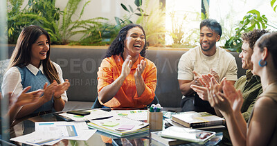 Buy stock photo Creative, excited team and applause in meeting for KPI metrics, brand performance and good news. Marketing, graph paperwork or people with celebration at agency for campaign success or pitch approval