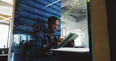 Buy stock photo Pod, research and tablet with designer black man in office for project feedback, post or update. App, information and planning with African employee in cubicle of design workplace for development