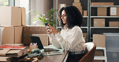 Buy stock photo Boxes, logistics and phone with woman in distribution depot for delivery or shipping schedule. App, mobile and supply chain management with person in warehouse office for communication or tracking