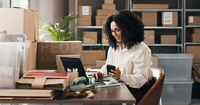 Buy stock photo Laptop, logistics and phone with woman in distribution depot for delivery or shipping schedule. App, computer and supply chain management with person in warehouse office for communication or tracking