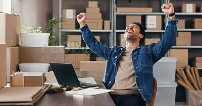 Buy stock photo Man, cheering and laptop with boxes for ecommerce with good news, online sales and order success. Excited, person or pc for delivery achievement, shipping deal and celebration of logistics promotion
