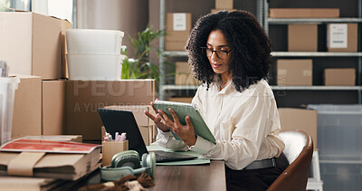 Buy stock photo Boxes, logistics and tablet with woman in distribution depot for delivery or shipping agenda. App, schedule and supply chain management with person in warehouse office for checklist or tracking