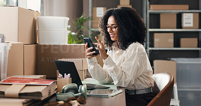 Buy stock photo Logistics, phone and typing with woman in distribution depot for delivery or shipping schedule. App, boxes and supply chain management with person in warehouse office for text message or tracking