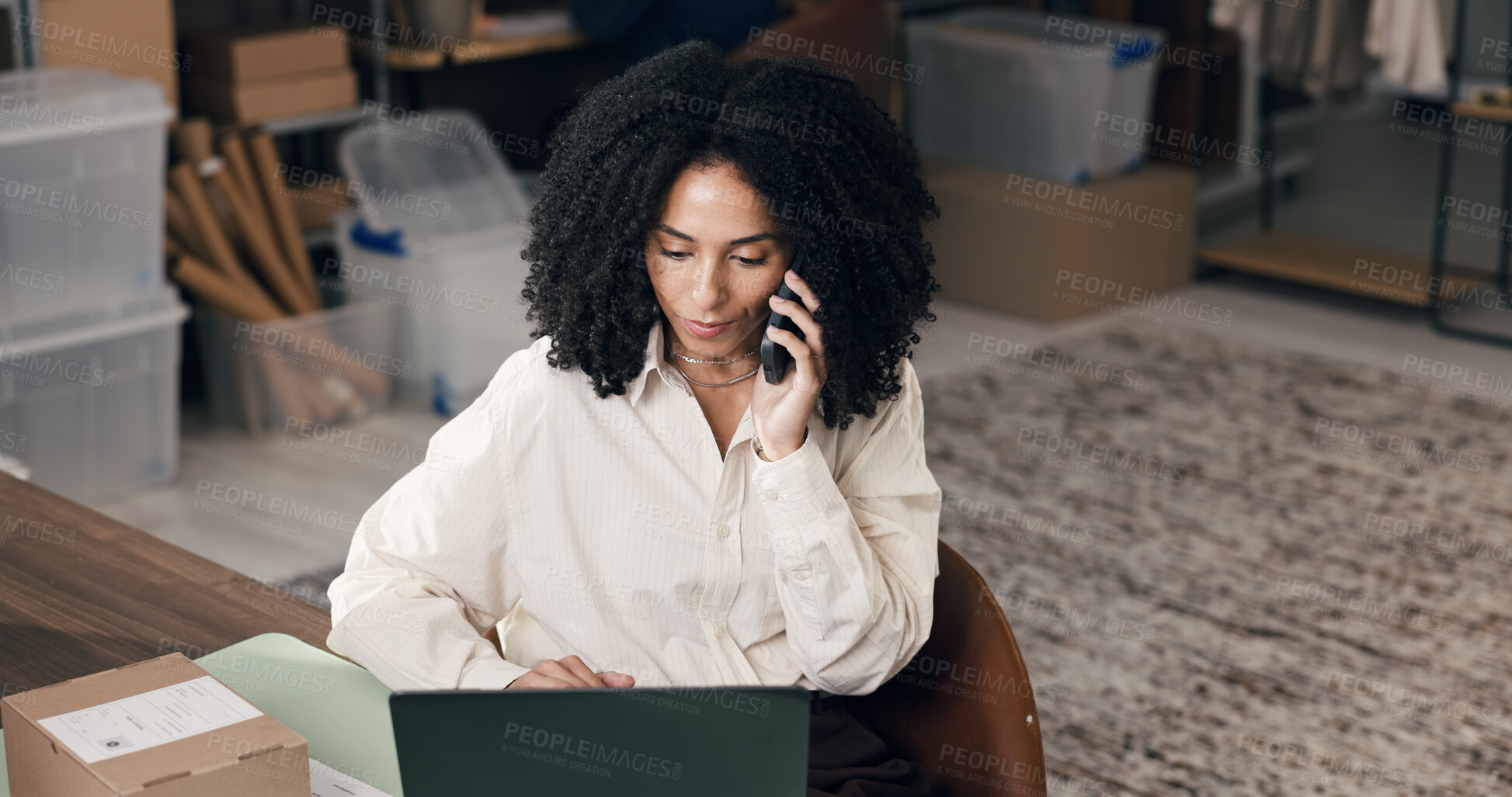 Buy stock photo Ecommerce, woman or laptop in office with phone call for supplier update, shipping info or discussion. Above, person and communication with tech for contact, inventory logistics or supply chain plan.