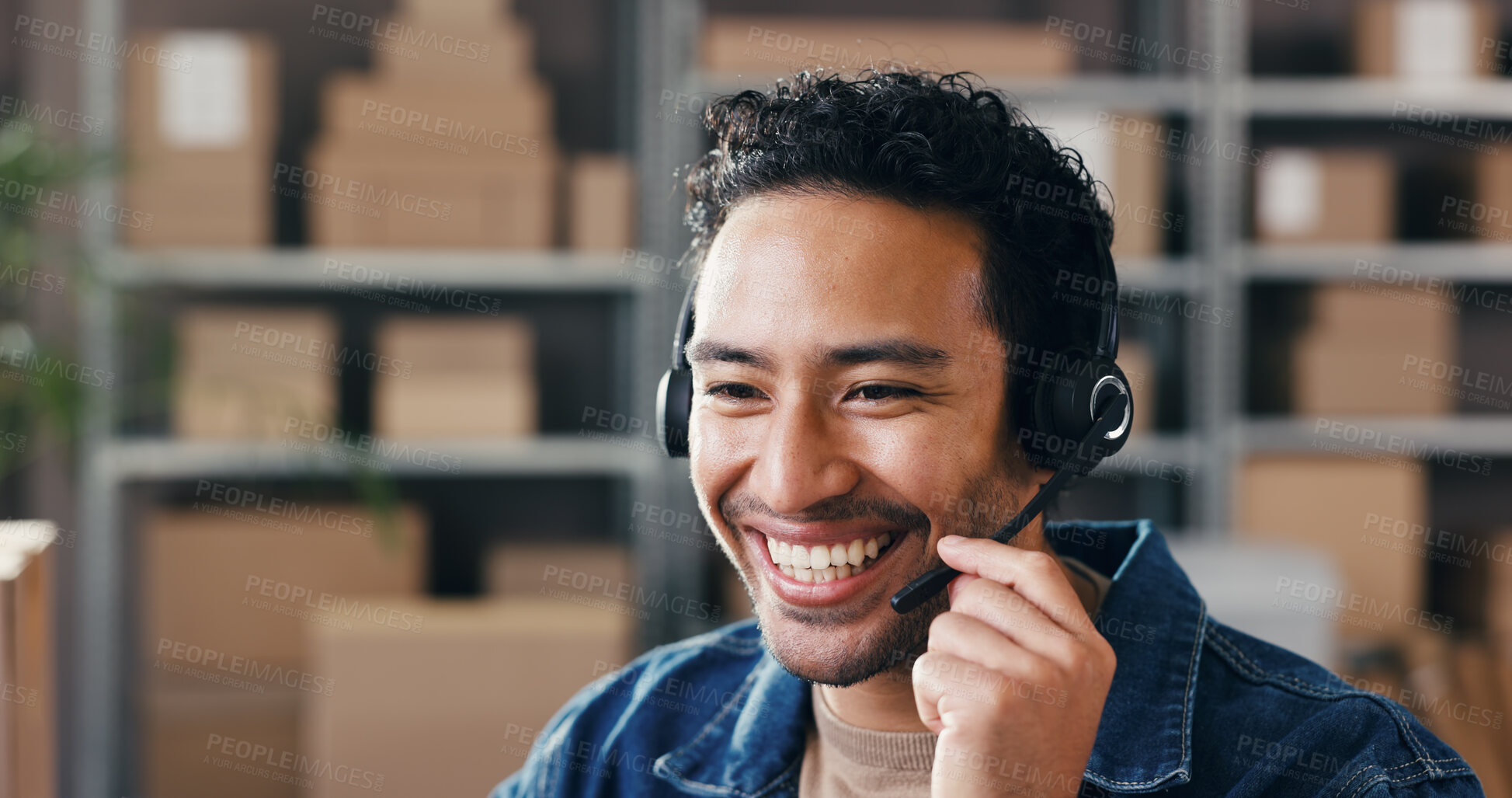 Buy stock photo Headset, logistics and man in office for customer support, order info or distribution. Shipping, help and happy worker with mic for supply chain assistance, delivery update or ecommerce feedback