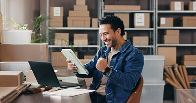 Buy stock photo Man, fist pump and tablet with boxes for ecommerce with good news, online sales and order success. Excited, person or digital for delivery achievement, shipping and celebration of logistics promotion