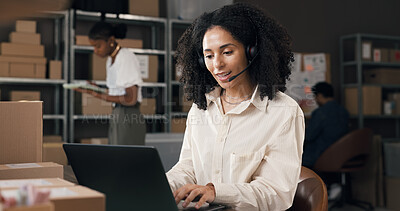 Buy stock photo Headset, shipping and woman with laptop for customer support, order info or typing. Logistics, computer and worker with mic for call, supply chain assistance and delivery  in small business office