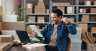 Buy stock photo Man, cheering and tablet with boxes for ecommerce with good news, online sales and order success. Excited, male person or fist pump with digital, shipping deal and celebration of logistics promotion