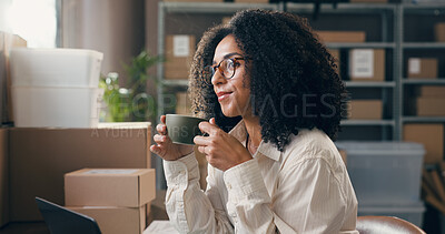 Buy stock photo Woman, coffee and thinking with dropshipping at office, supply chain and laptop for distribution. Person, computer and reflection with beverage, drink or insight for inventory management at startup