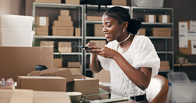 Buy stock photo Picture, box and shipping with black woman in warehouse for delivery, social media and courier. Logistics, supplier startup and product promotion with person for supply chain photography and cargo