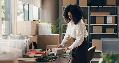 Buy stock photo Ecommerce, box and label with woman in warehouse for delivery, distribution and courier. Logistics, supplier startup and inventory manager with person for supply chain, parcel inspection and cargo