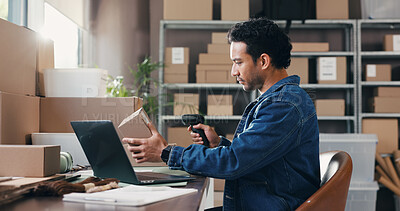 Buy stock photo Ecommerce, box and scan with man in warehouse for delivery information, distribution and courier. Logistics, supplier startup and inventory manager with person for supply chain, export and cargo