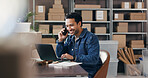 Ecommerce, man or laptop in office with phone call for customer update, shipping info or discussion. Person, smile and talking with tech for client contact, inventory logistics and supply chain plan.