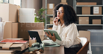 Buy stock photo Logistics, tablet and thinking with woman in distribution depot for delivery or shipping schedule. App, planning and supply chain management with person in office for problem solving or tracking