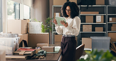 Buy stock photo Ecommerce, delivery and tablet with woman in warehouse for shipping, distribution and courier. Logistics, supplier startup and inventory manager with person for supply chain, online order and cargo