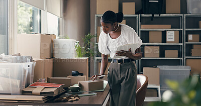 Buy stock photo Ecommerce, box and clipboard with black woman in warehouse for shipping, distribution and courier. Logistics, supplier startup and inventory checklist with person for supply chain, order and cargo
