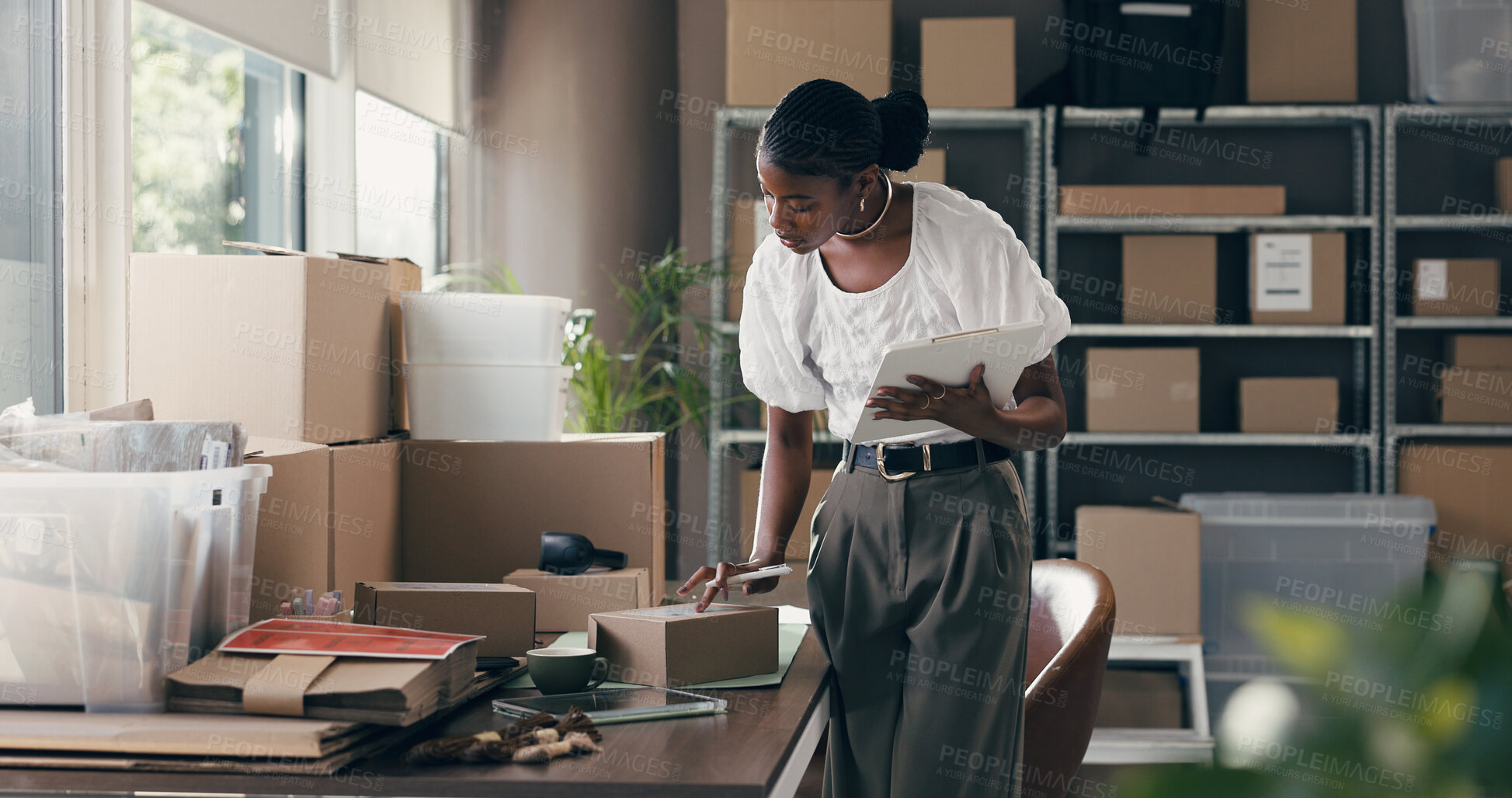 Buy stock photo Ecommerce, box and clipboard with black woman in warehouse for shipping, distribution and courier. Logistics, supplier startup and inventory checklist with person for supply chain, order and cargo