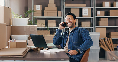 Buy stock photo Ecommerce, happy man and laptop in office with phone call for customer update, good review or discussion. Person, smile and talking with tech for client contact, positive feedback and logistics goal.