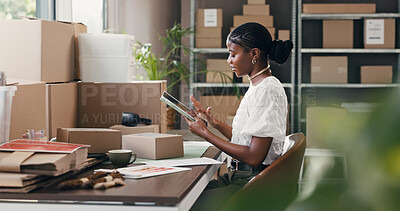 Buy stock photo Black woman, tablet and scroll for dropshipping, logistics or supply chain with distribution schedule for boxes. Person, tech and review with package, app or notes for inventory management at startup