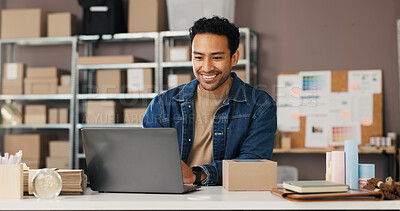 Buy stock photo Man, reading and laptop for logistics of ecommerce with skincare product, online order and delivery. Male person, pc and check inventory of cosmetics, supply chain and customer info for distribution