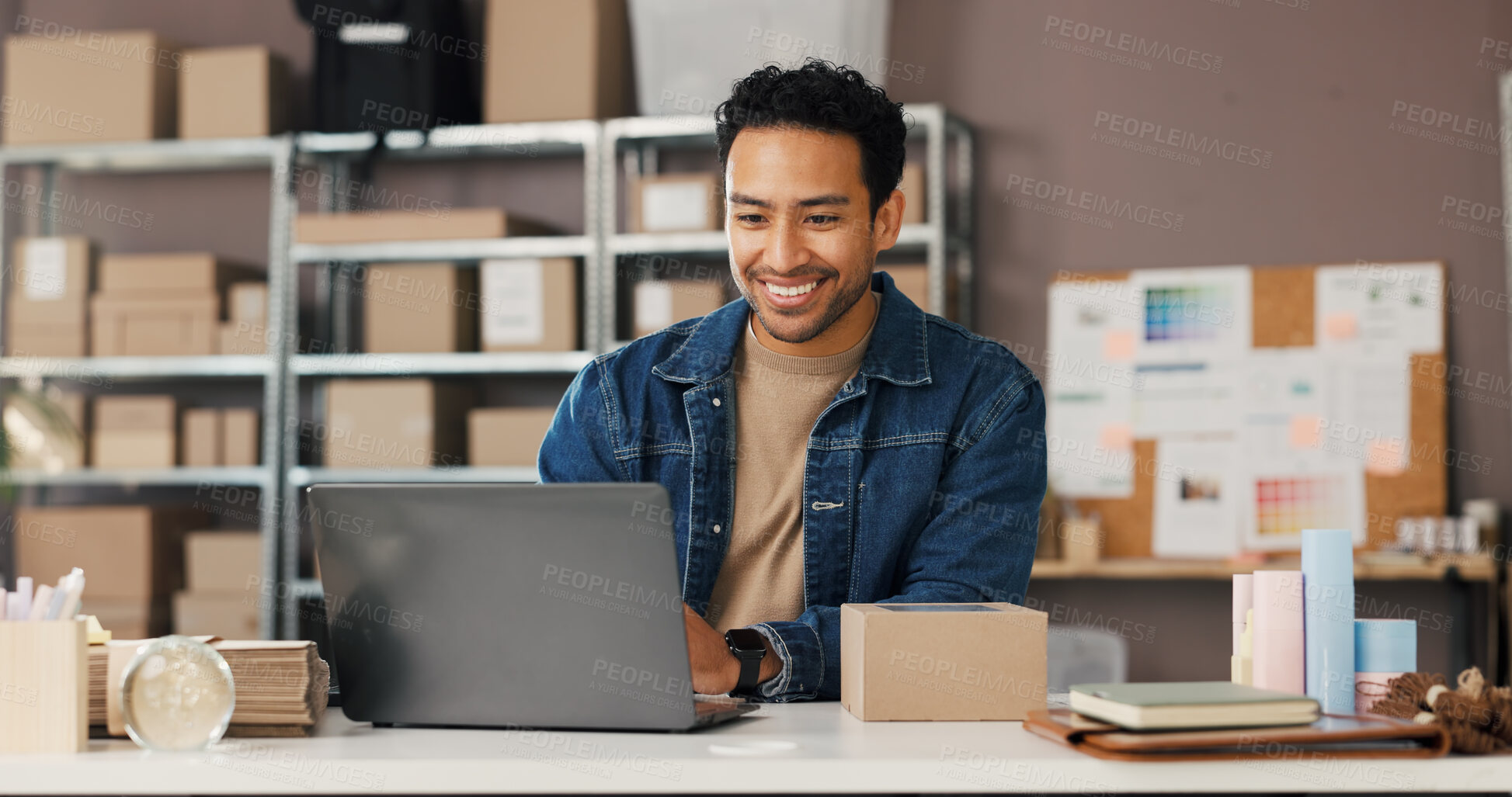 Buy stock photo Man, reading and laptop for logistics of ecommerce with skincare product, online order and delivery. Male person, pc and check inventory of cosmetics, supply chain and customer info for distribution