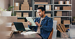 Man, tablet and typing for dropshipping, logistics or supply chain with checklist for distribution schedule . Person, tech and review with package, app or notes for inventory management at startup