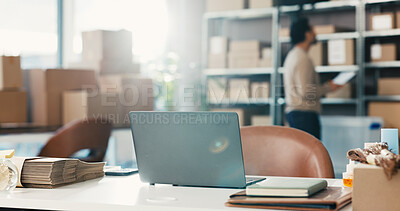 Buy stock photo Ecommerce, logistics and laptop in storage office, dropshipping information or supplier contact details. Inventory catalog, digital sales record and computer with online shopping order, man or flare