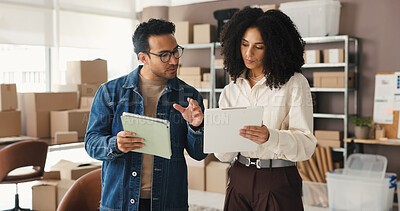 Buy stock photo Small business, meeting and team with tablet, clipboard and planning for web order or supply chain. Ecommerce, entrepreneur and people with tech for distribution, collaboration or stock in startup