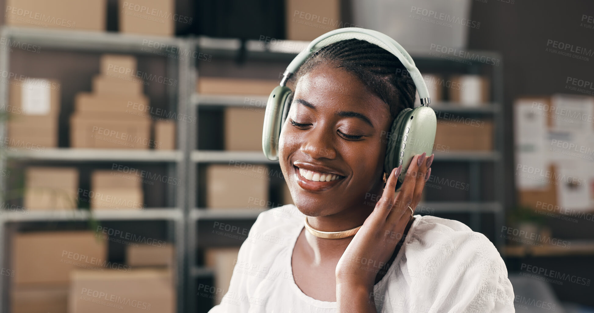 Buy stock photo Supply chain, headphones and black woman with smile, audio tech or listening to music, sound or podcast. Business owner, entrepreneur or African person with distribution, song or radio with logistics