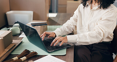 Buy stock photo Ecommerce, woman or hands in office with laptop for online order confirmation, shipping email or info. Person, typing and browse with computer for customer feedback, supply chain or export logistics.