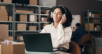 Buy stock photo Ecommerce, headphones or woman in office with laptop, inventory control or music streaming at work. Logistic, coworking or supplier in agency with tech, radio or podcast subscription in supply chain.