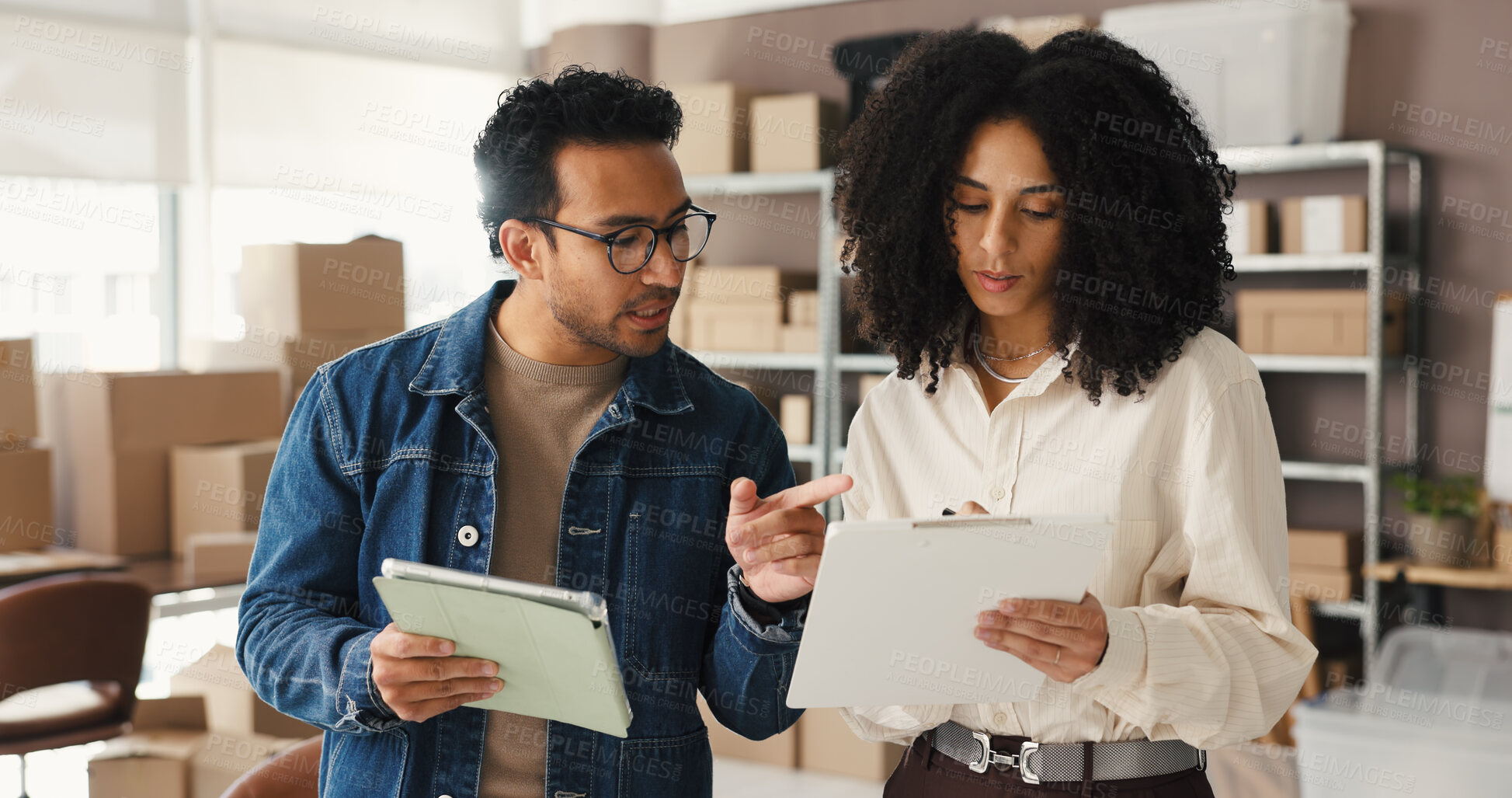 Buy stock photo Tablet, documents and business people in meeting for supply chain, online orders or shipping website. Startup, team and man with woman on tech for logistics report, delivery schedule and distribution