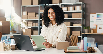 Buy stock photo Woman, tablet and portrait in small business for logistics, supply chain or distribution. Entrepreneur, supplier and boxes in storage for export, startup growth or stock inventory for ecommerce