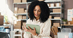African woman, tablet and logistics of ecommerce with inventory report, online orders and delivery. Female person, tech and check stock for shipping, supply chain and quality control for distribution