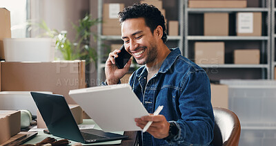 Buy stock photo Ecommerce, man or phone call in office with clipboard for supplier discussion, shipping info or laptop. Person, talk and checklist with tech for contact, inventory logistics or supply chain planning.