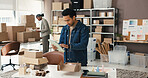 Ecommerce, packaging or man with tablet in office, review stock info or check order details for shipping. Online shopping, supply chain or people coworking for parcel distribution, tech or startup