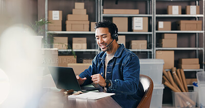 Buy stock photo Headset, shipping and man in office with laptop for customer support, order info and distribution. Logistics, computer and happy worker with mic for small business, ecommerce feedback and help