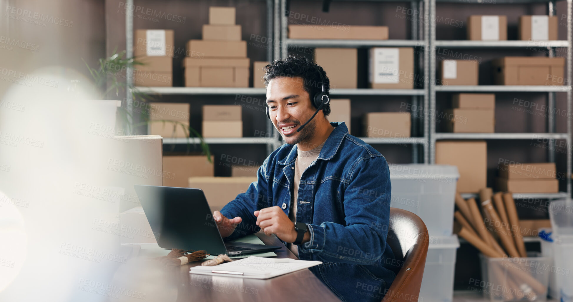 Buy stock photo Headset, shipping and man in office with laptop for customer support, order info and distribution. Logistics, computer and happy worker with mic for small business, ecommerce feedback and help
