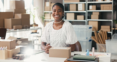 Buy stock photo Black woman, smile and portrait in small business for ecommerce, supply chain or distribution. Entrepreneur, supplier and boxes in storage for export, startup growth or stock inventory for logistics