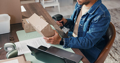 Buy stock photo Shipping, box and scan with hands in warehouse for delivery information, distribution and courier. Logistics, supplier startup and inventory manager with person for supply chain, export and cargo