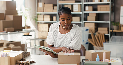 Buy stock photo Ecommerce, box or woman with tablet in office, review packaging info or check order for shipping. Online shopping, supply chain or entrepreneur with tech for parcel distribution, startup or logistics