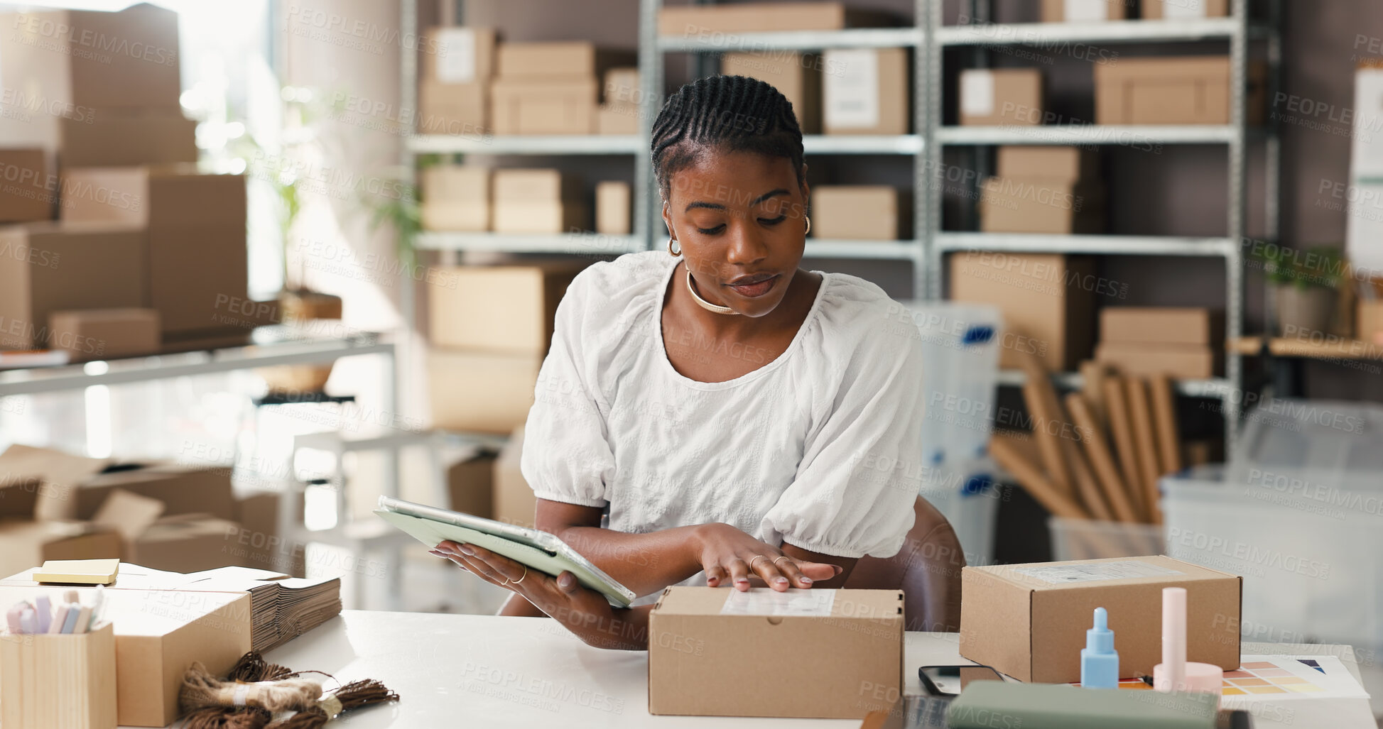 Buy stock photo Ecommerce, box or woman with tablet in office, review packaging info or check order for shipping. Online shopping, supply chain or entrepreneur with tech for parcel distribution, startup or logistics
