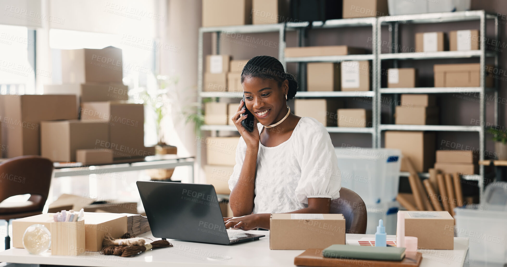 Buy stock photo Phone call, laptop and courier with black woman in warehouse for supplier, inventory manager and contact. Delivery confirmation, shipping help desk and advisor with person for distribution faq